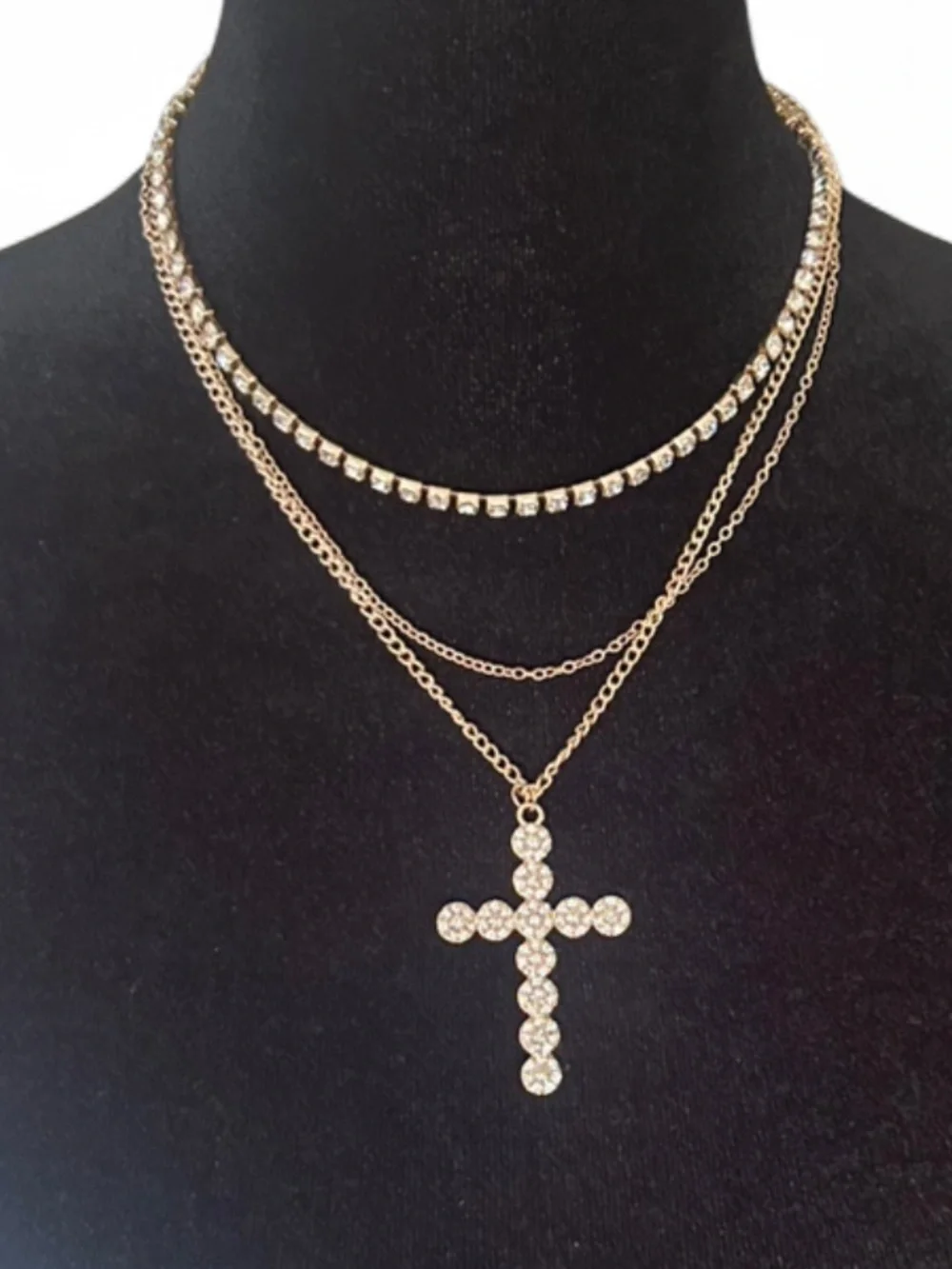 Layered Gold Rhinestone Cross Pendant Necklace Cable Chain Charm Jewelry